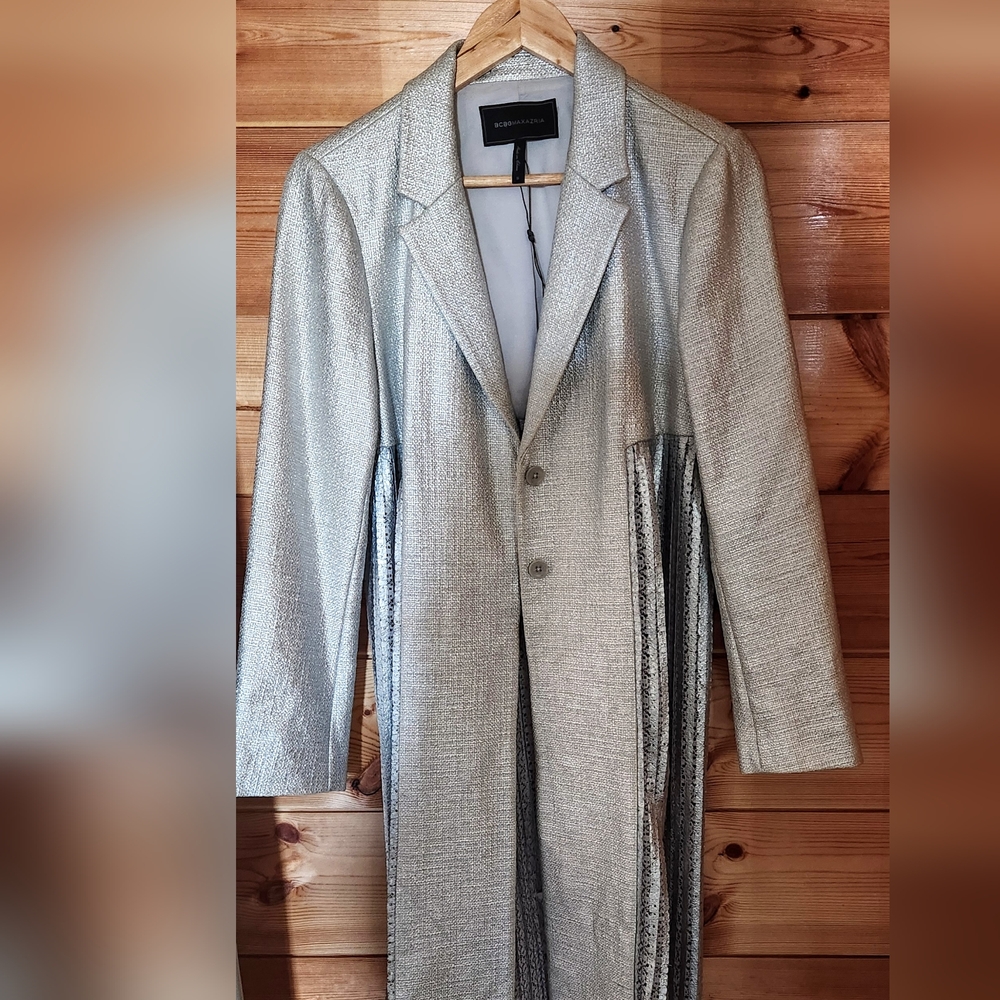 BCBG MaxAzria Silver Lace Long Jacket Coat